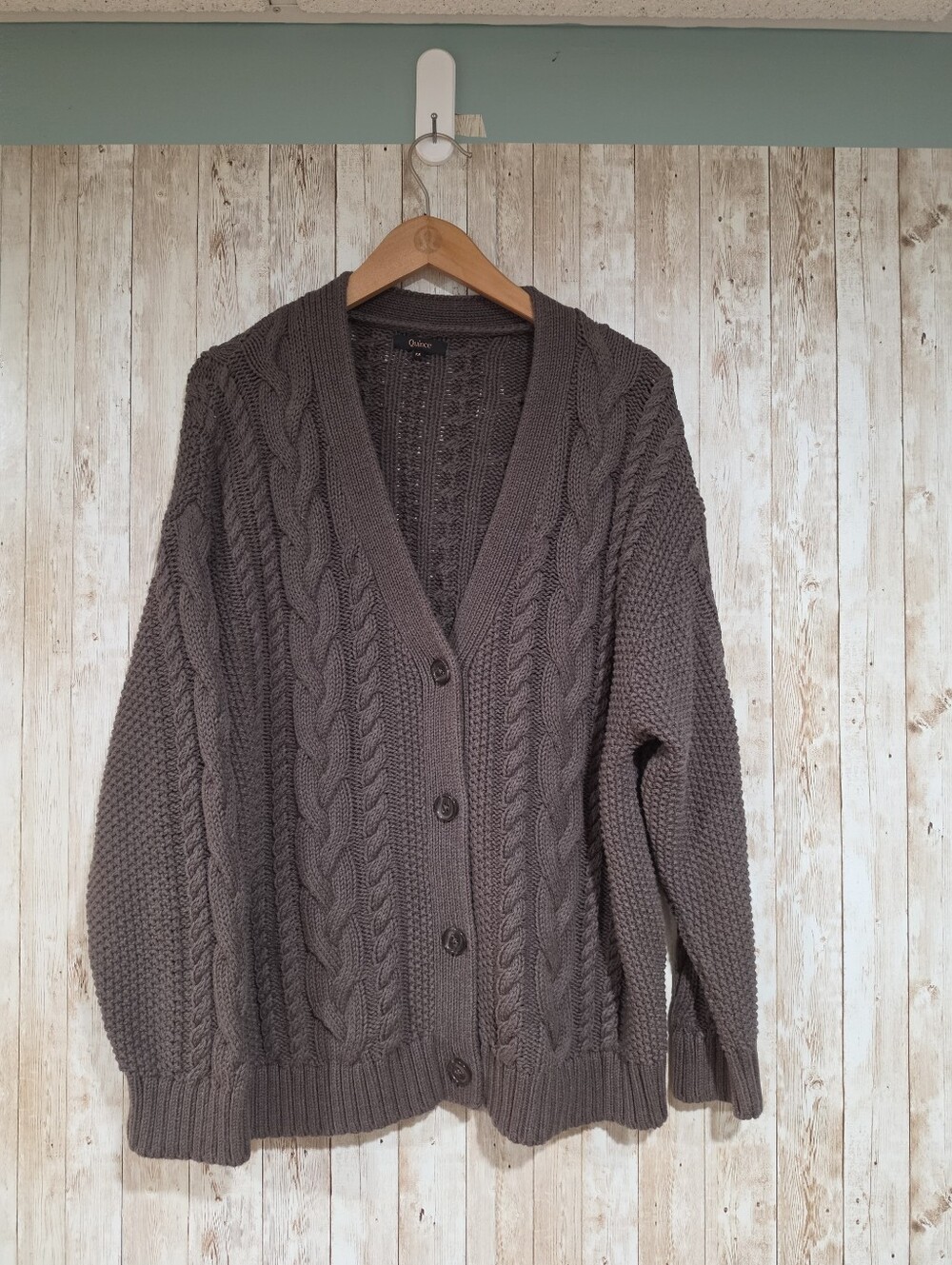 Quince Oversized Cable Knit Button-Front V-Neck Cardigan Sweater Brown M Cotton